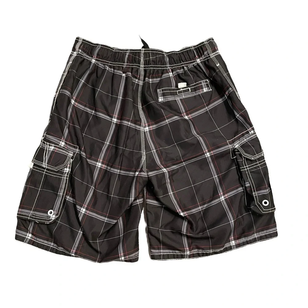 OP Black White Red Board Shorts Swim Trunks Windowpane pattern mesh lining Med